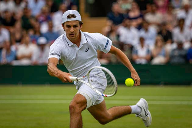 RECORD DATE NOT STATED 4th July 2026; All England Lawn Tennis and Croquet Club, London, England; Wimbledon Tennis Tournament, Day Six; Zachary Svajda (USA) plays a forehand in his third round match against Alex De Minaur (AUS) GodfreyxPitt