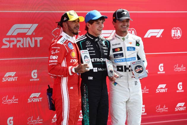 F1 British Grand Prix 2026 Sprint Lewis Hamilton of Ferrari, Andrea Kimi Antonelli of Mercedes and Lando Norris of McLaren after Sprint ahead of the Formula 1 British Grand Prix at Silverstone Circuit in Northampton, Great Britain on July 4, 2026. Northampton United Kingdom  Copyright: xJakubxPorzyckix originalFilename:porzycki-f1britis260704_npjoE.jpg