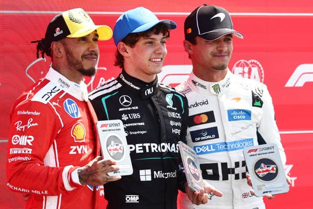 F1 British Grand Prix 2026 Sprint Lewis Hamilton of Ferrari, Andrea Kimi Antonelli of Mercedes and Lando Norris of McLaren after Sprint ahead of the Formula 1 British Grand Prix at Silverstone Circuit in Northampton, Great Britain on July 4, 2026. Northampton United Kingdom  Copyright: xJakubxPorzyckix originalFilename:porzycki-f1britis260704_npG4i.jpg