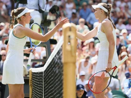 Belgian Elise Mertens and Kazakh Elena Rybakina pictured after a tennis match in the third round of the Ladies singles at the Wimbledon grand slam tennis tournament in London, Britain, Saturday 04 July 2026. BENOITxDOPPAGNE  x180342655x