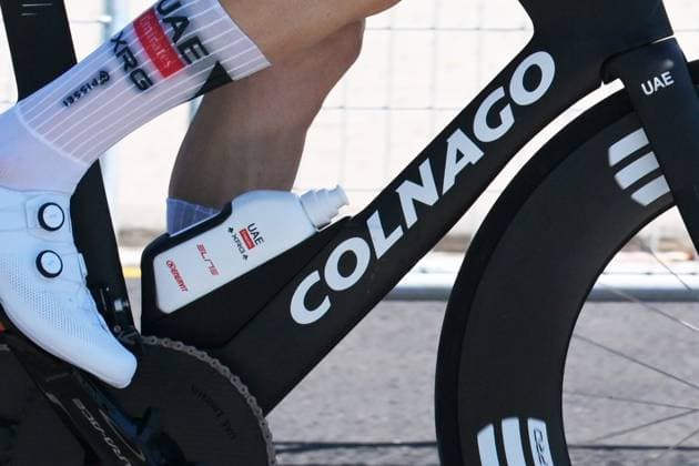The Colnago time trial bike of Slovenian Tadej Pogacar of UAE Team Emirates XRG pictured during a training ahead of the first stage of the 2026 Tour de France cycling race, a team time trial of 19km with start and finish in Barcelona, Spain, Saturday 04 July 2026. The 113th edition of the Tour de France starts on Saturday 4 July in Barcelona, Spain, and will finish in Paris, France on the 26th of July. DAVIDxPINTENS  x180343020x