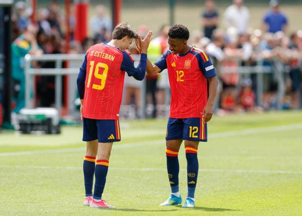Denbighshire, Wales, 4th July 2026. Sergio Esteban of Spain celebrates scoring their sides first goal during the Spain U19 vs Germany U19 UEFA European U19 Championship match at Central Park, Denbighshire. Picture credit should read: Cody Froggatt Sportimage EDITORIAL USE ONLY. No use with unauthorised audio, video, data, fixture lists, club league logos or live services. Online in-match use limited to 120 images, no video emulation. No use in betting, games or single club league player publications. SPI_010_CF_SPAIN_U19_V_GERMANY_U19 SPI-4852-0010