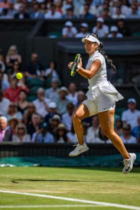 RECORD DATE NOT STATED 4th July 2026; All England Lawn Tennis and Croquet Club, London, England; Wimbledon Tennis Tournament, Day Six; Alexandra Eala (PHI) plays a forehand in her third round match against Iga Swiatek (POL) GodfreyxPitt