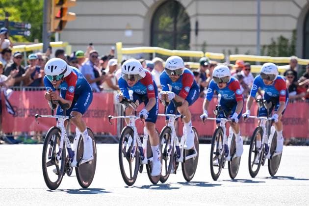 Groupama-FDJ riders pictured in action during the first stage of the 2026 Tour de France cycling race, a team time trial of 19km with start and finish in Barcelona, Spain, Saturday 04 July 2026. The 113th edition of the Tour de France starts on Saturday 4 July in Barcelona, Spain, and will finish in Paris, France on the 26th of July. DAVIDxPINTENS  x180360156x