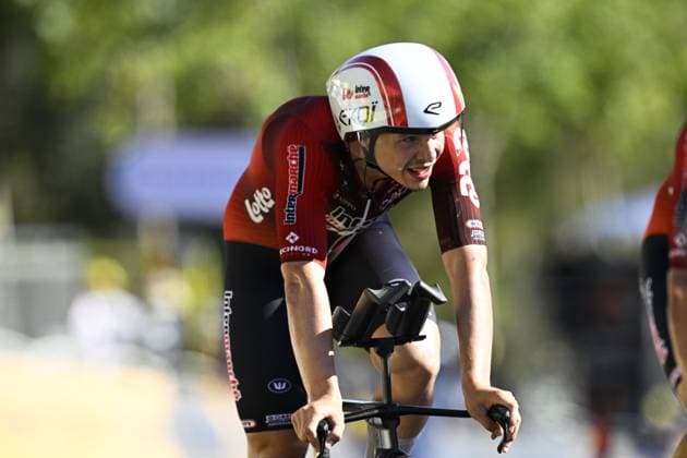 Belgian Arnaud De Lie of Lotto Intermarche pictured in action during the first stage of the 2026 Tour de France cycling race, a team time trial of 19km with start and finish in Barcelona, Spain, Saturday 04 July 2026. The 113th edition of the Tour de France starts on Saturday 4 July in Barcelona, Spain, and will finish in Paris, France on the 26th of July. JASPERxJACOBS  x180362289x