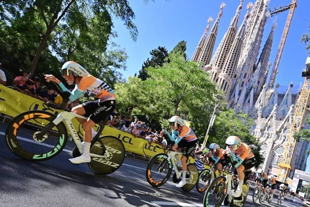 NSN Cycling Team riders pictured in action during the first stage of the 2026 Tour de France cycling race, a team time trial of 19km with start and finish in Barcelona, Spain, Saturday 04 July 2026. The 113th edition of the Tour de France starts on Saturday 4 July in Barcelona, Spain, and will finish in Paris, France on the 26th of July. POOLxPETExGODING  x180362438x