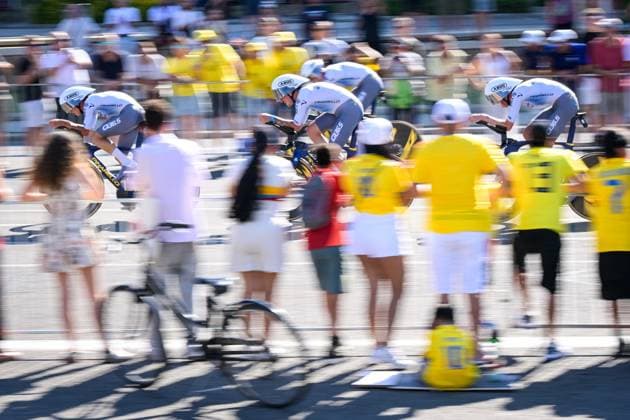 Pinarello Q36.5 Pro Cycling Team riders pictured in action during the first stage of the 2026 Tour de France cycling race, a team time trial of 19km with start and finish in Barcelona, Spain, Saturday 04 July 2026. The 113th edition of the Tour de France starts on Saturday 4 July in Barcelona, Spain, and will finish in Paris, France on the 26th of July. DAVIDxPINTENS  x180362796x