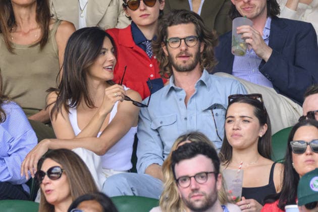 Wimbledon Tennis Championships 2026 - Day 6 LONDON, UNITED KINGDOM - JULY 04: Monica Barbaro and Andrew Garfield watch centre court tennis during day six of the 2026 Wimbledon Tennis Championships at The All England Lawn Tennis and Croquet Club in Wimbledon on July 04, 2026, in London, United Kingdom. Ray Tang Anadolu London United Kingdom. Editorial use only. Please get in touch for any other usage.  Copyright: x2026xAnadoluxRayxTangx