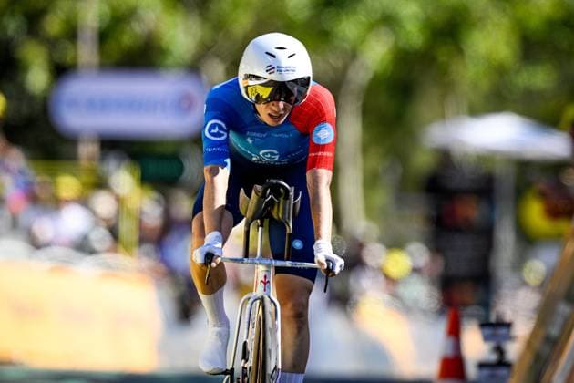 French Romain Gregoire of Groupama-FDJ United crosses the finish line of the first stage of the 2026 Tour de France cycling race, a team time trial of 19km with start and finish in Barcelona, Spain, Saturday 04 July 2026. The 113th edition of the Tour de France starts on Saturday 4 July in Barcelona, Spain, and will finish in Paris, France on the 26th of July. JASPERxJACOBS  x180364699x