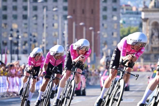 EF Education-EasyPost riders pictured in action during the first stage of the 2026 Tour de France cycling race, a team time trial of 19km with start and finish in Barcelona, Spain, Saturday 04 July 2026. The 113th edition of the Tour de France starts on Saturday 4 July in Barcelona, Spain, and will finish in Paris, France on the 26th of July. DAVIDxPINTENS  x180368254x
