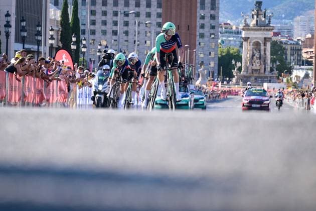 Decathlon CMA CGM Team riders pictured in action during the first stage of the 2026 Tour de France cycling race, a team time trial of 19km with start and finish in Barcelona, Spain, Saturday 04 July 2026. The 113th edition of the Tour de France starts on Saturday 4 July in Barcelona, Spain, and will finish in Paris, France on the 26th of July. DAVIDxPINTENS  x180368555x