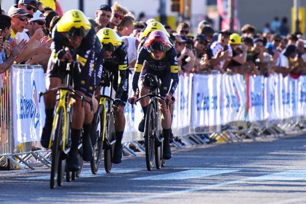Danish Jonas Vingegaard of Team Visma-Lease a Bike (R) pictured in action during the first stage of the 2026 Tour de France cycling race, a team time trial of 19km with start and finish in Barcelona, Spain, Saturday 04 July 2026. The 113th edition of the Tour de France starts on Saturday 4 July in Barcelona, Spain, and will finish in Paris, France on the 26th of July. DAVIDxPINTENS  x180369826x