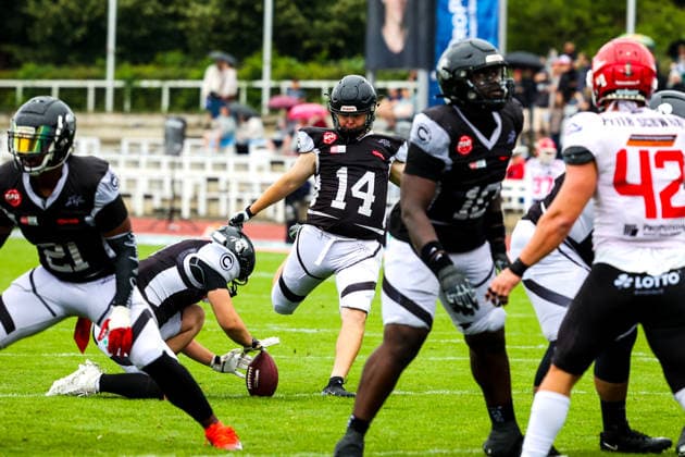 2026_07_04_Potsdam Royals vs Berlin Rebels, GFL, Spieltag 9 , Stadion Luftschiffhafen Kris Cain (Berlin Rebels, 14) Potsdam Potsdam Deutschalnd *** July 4, 2026: Potsdam Royals vs. Berlin Rebels, GFL, Matchday 9, Luftschiffhafen Stadium; Kris Cain, Berlin Rebels; 14, Potsdam, Potsdam, Germany