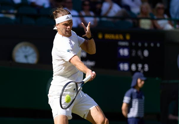 2026 Wimbledon, July 04, Day 6 LONDON, - JULY 4: Alexander Zverev of Germany plays a shot against Marcos Giron of the United States in the third round during the 2026 Wimbledon, July 04, Day 6 at The all England club, Wimbledon on July 4, 2026 in London, GBR. London The all England club, Wimbledon GBR Copyright: xPeterxvanxdenxBerg ISIxPhotosx 9451