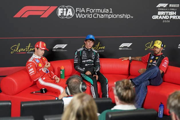 FORMULA ONE BRITISH GRAND PRIX 2026 Charles Leclerc 16 (MON) Ferrari, Kimi Antonelli 12 (ITA) Mercedes and Lewis Hamilton 44 (GBR) Ferrari in the Post Qualifying press conference, PK, Pressekonferenz during the Formula 1 Pirelli British Grand Prix 2026, 9th round of the 2026 Formula 1 World Championship, WM, Weltmeisterschaft from 3rd - 5th July, 2026 at the Silverstone Circuit, Silverstone, England. Credit: Robbie Hoad Every Second Media Editorial use only. All images are copyright Every Second Media Limited. No images may be reproduced without prior permission. Copyright: xIMAGO EveryxSecondxMediax ESM-2060-0396 RobbiexHoadx xEveryxSecondxMediax