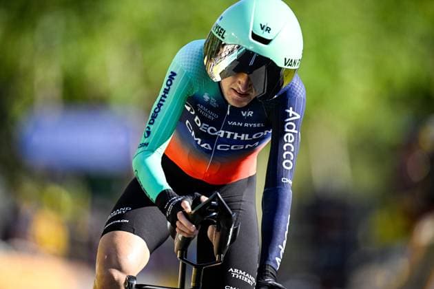 French Paul Seixas of Decathlon CMA CGM Team crosses the finish line of the first stage of the 2026 Tour de France cycling race, a team time trial of 19km with start and finish in Barcelona, Spain, Saturday 04 July 2026. The 113th edition of the Tour de France starts on Saturday 4 July in Barcelona, Spain, and will finish in Paris, France on the 26th of July. JASPERxJACOBS  x180370165x