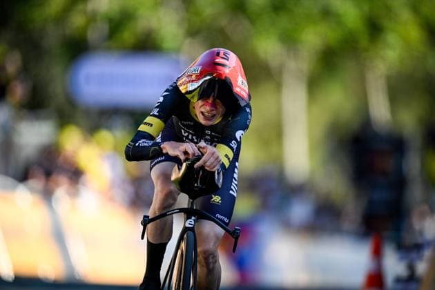 Danish Jonas Vingegaard of Team Visma-Lease a Bike crosses the finish line to win the first stage of the 2026 Tour de France cycling race, a team time trial of 19km with start and finish in Barcelona, Spain, Saturday 04 July 2026. The 113th edition of the Tour de France starts on Saturday 4 July in Barcelona, Spain, and will finish in Paris, France on the 26th of July. JASPERxJACOBS  x180371203x