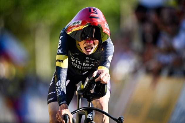 Danish Jonas Vingegaard of Team Visma-Lease a Bike crosses the finish line to win the first stage of the 2026 Tour de France cycling race, a team time trial of 19km with start and finish in Barcelona, Spain, Saturday 04 July 2026. The 113th edition of the Tour de France starts on Saturday 4 July in Barcelona, Spain, and will finish in Paris, France on the 26th of July. JASPERxJACOBS  x180371205x