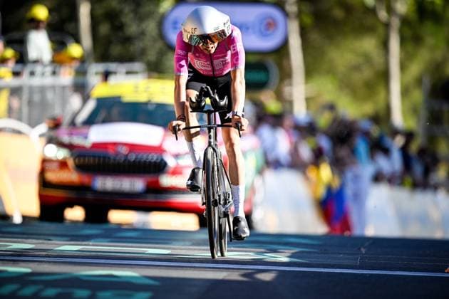 EF Education-EasyPost rider crosses the finish line of the first stage of the 2026 Tour de France cycling race, a team time trial of 19km with start and finish in Barcelona, Spain, Saturday 04 July 2026. The 113th edition of the Tour de France starts on Saturday 4 July in Barcelona, Spain, and will finish in Paris, France on the 26th of July. JASPERxJACOBS  x180371450x