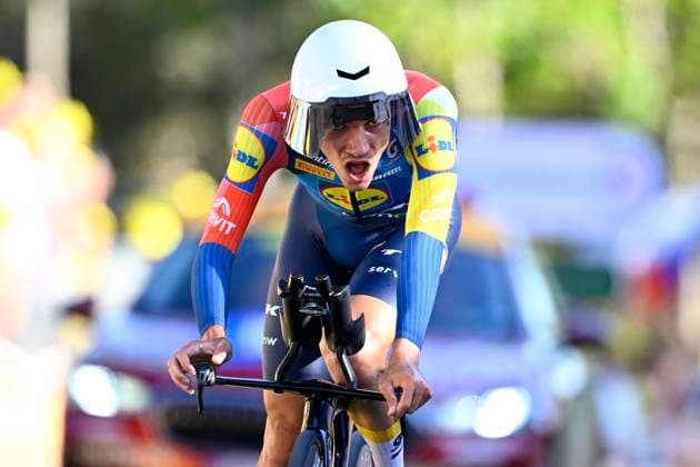 Tour de France 2026 Stage 1 BARCELONA, SPAIN - JULY 04 : Ayuso Juan (ESP) of Lidl Trek at the finish line during stage 1 of the 113rd edition of Tour de France an UCI World Tour 2.UWT Team Time Trial stage for Men Elite of 19 km with start in Barcelona and finish in Barcelona on July 4, 2026 in Barcelona, Spain, 04 07 2026 Barcelona Spain  Copyright: xTomasxSiskx