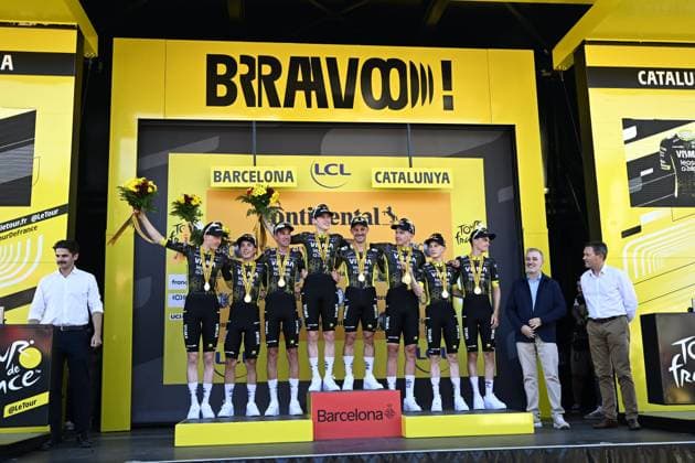 Tour de France 2026 Stage 1 BARCELONA, SPAIN - JULY 04 : Team Visma Lease a Bike on the podium during stage 1 of the 113rd edition of Tour de France an UCI World Tour 2.UWT Team Time Trial stage for Men Elite of 19 km with start in Barcelona and finish in Barcelona on July 4, 2026 in Barcelona, Spain, 04 07 2026 Barcelona Spain  Copyright: xTomasxSiskx