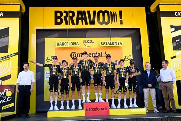 Tour de France 2026 Stage 1 BARCELONA, SPAIN - JULY 04 : Team Visma Lease a Bike on the podium during stage 1 of the 113rd edition of Tour de France an UCI World Tour 2.UWT Team Time Trial stage for Men Elite of 19 km with start in Barcelona and finish in Barcelona on July 4, 2026 in Barcelona, Spain, 04 07 2026 Barcelona Spain  Copyright: xTomasxSiskx