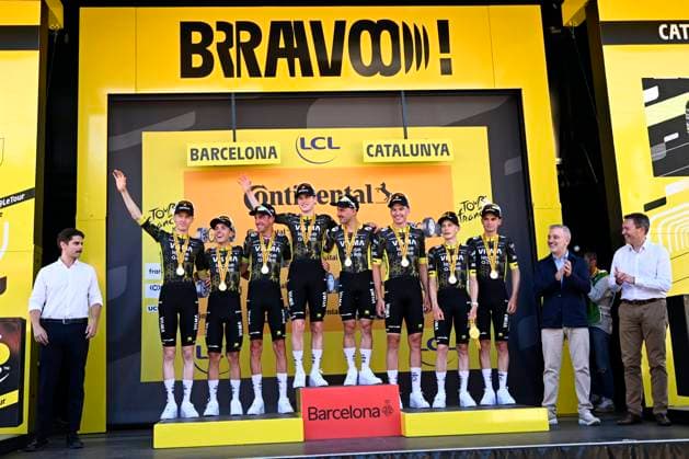 Tour de France 2026 Stage 1 BARCELONA, SPAIN - JULY 04 : Team Visma Lease a Bike on the podium during stage 1 of the 113rd edition of Tour de France an UCI World Tour 2.UWT Team Time Trial stage for Men Elite of 19 km with start in Barcelona and finish in Barcelona on July 4, 2026 in Barcelona, Spain, 04 07 2026 Barcelona Spain  Copyright: xTomasxSiskx