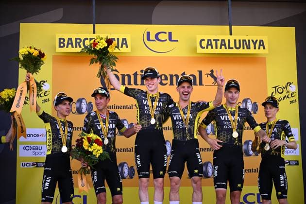 Tour de France 2026 Stage 1 BARCELONA, SPAIN - JULY 04 : Team Visma Lease a Bike on the podium during stage 1 of the 113rd edition of Tour de France an UCI World Tour 2.UWT Team Time Trial stage for Men Elite of 19 km with start in Barcelona and finish in Barcelona on July 4, 2026 in Barcelona, Spain, 04 07 2026 Barcelona Spain  Copyright: xTomasxSiskx