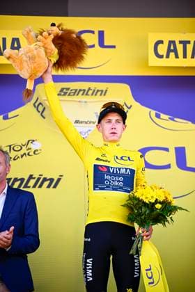 Tour de France 2026 Stage 1 BARCELONA, SPAIN - JULY 04 : Vingegaard Jonas (DEN) of Team Visma Lease a Bike on the podium during stage 1 of the 113rd edition of Tour de France an UCI World Tour 2.UWT Team Time Trial stage for Men Elite of 19 km with start in Barcelona and finish in Barcelona on July 4, 2026 in Barcelona, Spain, 04 07 2026 Barcelona Spain  Copyright: xTomasxSiskx