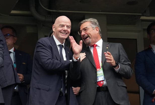 (260705) -- HOUSTON, July 5, 2026 -- FIFA President Gianni Infantino (L) is seen before the round of 16 match between Canada and Morocco at the 2026 FIFA World Cup, WM, Weltmeisterschaft, Fussball at Houston Stadium in Houston, the United States, July 4, 2026. ) (SP)U.S.-HOUSTON-FOOTBALL-FIFA WORLD CUP-ROUND OF 16-CAN VS MAR XiaoxYijiu 