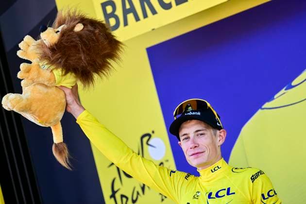 Tour de France 2026 Stage 1 BARCELONA, SPAIN - JULY 04 : Vingegaard Jonas (DEN) of Team Visma Lease a Bike on the podium during stage 1 of the 113rd edition of Tour de France an UCI World Tour 2.UWT Team Time Trial stage for Men Elite of 19 km with start in Barcelona and finish in Barcelona on July 4, 2026 in Barcelona, Spain, 04 07 2026 Barcelona Spain  Copyright: xPeterxDexVoechtx