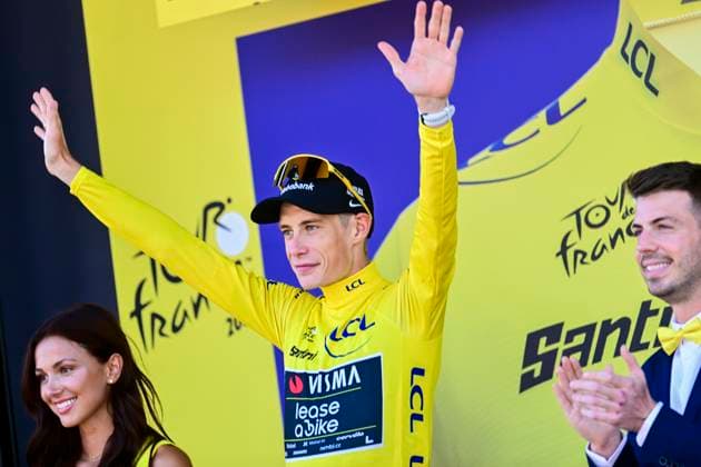 Tour de France 2026 Stage 1 BARCELONA, SPAIN - JULY 04 : Vingegaard Jonas (DEN) of Team Visma Lease a Bike on the podium during stage 1 of the 113rd edition of Tour de France an UCI World Tour 2.UWT Team Time Trial stage for Men Elite of 19 km with start in Barcelona and finish in Barcelona on July 4, 2026 in Barcelona, Spain, 04 07 2026 Barcelona Spain  Copyright: xPeterxDexVoechtx
