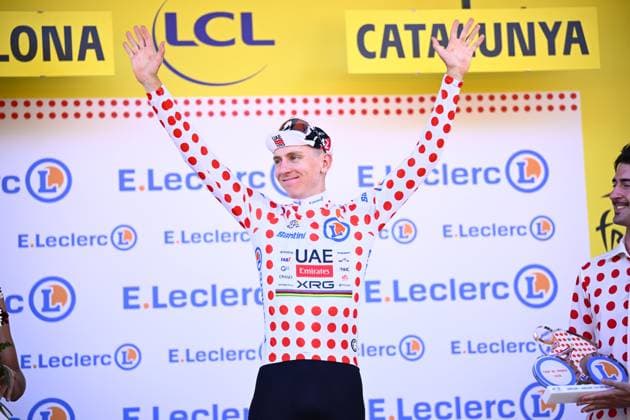 Tour de France 2026 Stage 1 BARCELONA, SPAIN - JULY 04 : Pogacar Tadej (SLO) of UAE Team Emirates XRG on the podium wearing the polka dot jersey during stage 1 of the 113rd edition of Tour de France an UCI World Tour 2.UWT Team Time Trial stage for Men Elite of 19 km with start in Barcelona and finish in Barcelona on July 4, 2026 in Barcelona, Spain, 04 07 2026 Barcelona Spain  Copyright: xTomasxSiskx