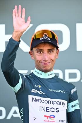 Colombian Egan Bernal of Netcompany-INEOS celebrates on the podium in the green jersey of leader in the sprint ranking after the first stage of the 2026 Tour de France cycling race, a team time trial of 19km with start and finish in Barcelona, Spain, Saturday 04 July 2026. The 113th edition of the Tour de France starts on Saturday 4 July in Barcelona, Spain, and will finish in Paris, France on the 26th of July. JASPERxJACOBS  x180372636x