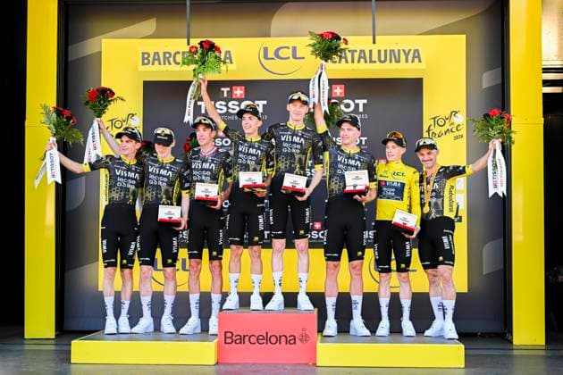 Tour de France 2026 Stage 1 BARCELONA, SPAIN - JULY 04 : Team Visma Lease a Bike on the podium during stage 1 of the 113rd edition of Tour de France an UCI World Tour 2.UWT Team Time Trial stage for Men Elite of 19 km with start in Barcelona and finish in Barcelona on July 4, 2026 in Barcelona, Spain, 04 07 2026 Barcelona Spain  Copyright: xSzymonxGruchalskix