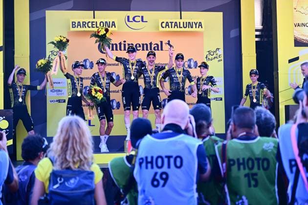 Tour de France 2026 Stage 1 BARCELONA, SPAIN - JULY 04 : Team Visma Lease a Bike on the podium during stage 1 of the 113rd edition of Tour de France an UCI World Tour 2.UWT Team Time Trial stage for Men Elite of 19 km with start in Barcelona and finish in Barcelona on July 4, 2026 in Barcelona, Spain, 04 07 2026 Barcelona Spain  Copyright: xPeterxDexVoechtx