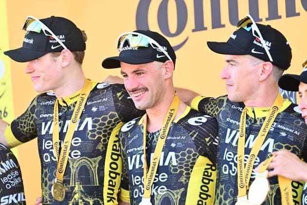 Tour de France 2026 Stage 1 BARCELONA, SPAIN - JULY 04 : Campenaerts Victor (BEL) of Team Visma Lease a Bike on the podium during stage 1 of the 113rd edition of Tour de France an UCI World Tour 2.UWT Team Time Trial stage for Men Elite of 19 km with start in Barcelona and finish in Barcelona on July 4, 2026 in Barcelona, Spain, 04 07 2026 Barcelona Spain  Copyright: xPeterxDexVoechtx
