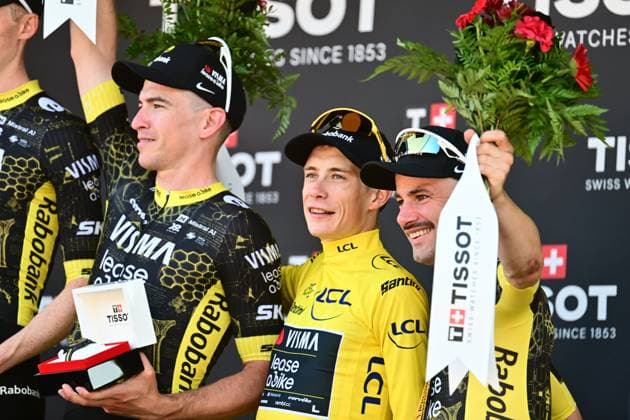 Tour de France 2026 Stage 1 BARCELONA, SPAIN - JULY 04 : Vingegaard Jonas (DEN) of Team Visma Lease a Bike, Campenaerts Victor (BEL) of Team Visma Lease a Bike on the podium during stage 1 of the 113rd edition of Tour de France an UCI World Tour 2.UWT Team Time Trial stage for Men Elite of 19 km with start in Barcelona and finish in Barcelona on July 4, 2026 in Barcelona, Spain, 04 07 2026 Barcelona Spain  Copyright: xPeterxDexVoechtx