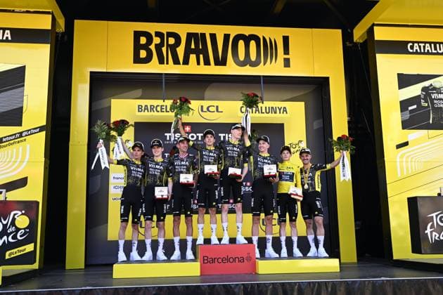 Tour de France 2026 Stage 1 BARCELONA, SPAIN - JULY 04 : Team Visma Lease a Bike on the podium during stage 1 of the 113rd edition of Tour de France an UCI World Tour 2.UWT Team Time Trial stage for Men Elite of 19 km with start in Barcelona and finish in Barcelona on July 4, 2026 in Barcelona, Spain, 04 07 2026 Barcelona Spain  Copyright: xTomasxSiskx