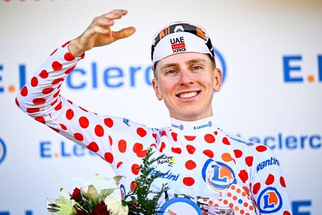 Slovenian Tadej Pogacar of UAE Team Emirates XRG celebrates in the red polka-dot jersey for best climber after the first stage of the 2026 Tour de France cycling race, a team time trial of 19km with start and finish in Barcelona, Spain, Saturday 04 July 2026. The 113th edition of the Tour de France starts on Saturday 4 July in Barcelona, Spain, and will finish in Paris, France on the 26th of July. JASPERxJACOBS  x180374059x