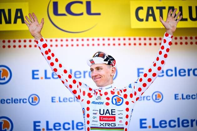 Slovenian Tadej Pogacar of UAE Team Emirates XRG celebrates in the red polka-dot jersey for best climber after the first stage of the 2026 Tour de France cycling race, a team time trial of 19km with start and finish in Barcelona, Spain, Saturday 04 July 2026. The 113th edition of the Tour de France starts on Saturday 4 July in Barcelona, Spain, and will finish in Paris, France on the 26th of July. JASPERxJACOBS  x180374089x