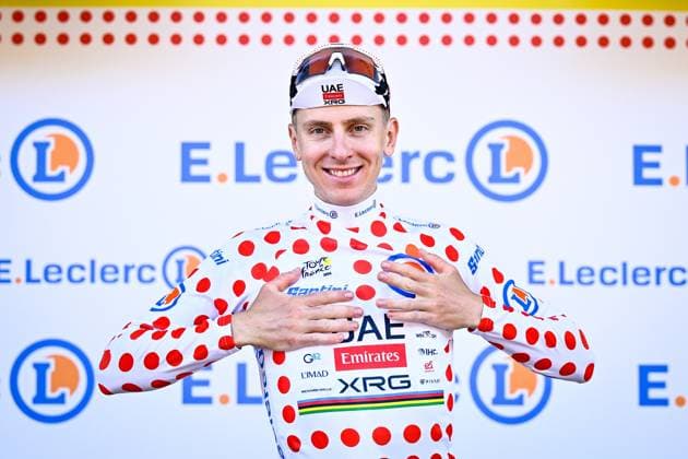 Slovenian Tadej Pogacar of UAE Team Emirates XRG celebrates in the red polka-dot jersey for best climber after the first stage of the 2026 Tour de France cycling race, a team time trial of 19km with start and finish in Barcelona, Spain, Saturday 04 July 2026. The 113th edition of the Tour de France starts on Saturday 4 July in Barcelona, Spain, and will finish in Paris, France on the 26th of July. JASPERxJACOBS  x180374749x