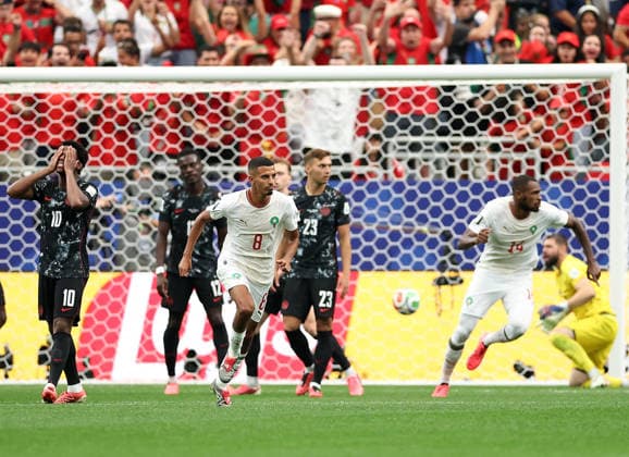 (260705) -- HOUSTON, July 5, 2026 -- Azzedine Ounahi (3rd L) of Morocco celebrates after scoring during the round of 16 match between Canada and Morocco at the 2026 FIFA World Cup, WM, Weltmeisterschaft, Fussball at Houston Stadium in Houston, the United States, July 4, 2026. ) (SP)U.S.-HOUSTON-FOOTBALL-FIFA WORLD CUP-ROUND OF 16-CAN VS MAR LixMing 