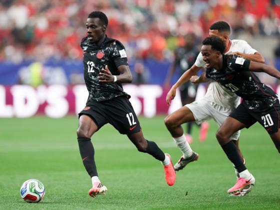 (260705) -- HOUSTON, July 5, 2026 -- Tani Oluwaseyi (L) of Canada competes during the round of 16 match between Canada and Morocco at the 2026 FIFA World Cup, WM, Weltmeisterschaft, Fussball at Houston Stadium in Houston, the United States, July 4, 2026. ) (SP)U.S.-HOUSTON-FOOTBALL-FIFA WORLD CUP-ROUND OF 16-CAN VS MAR LixMing 