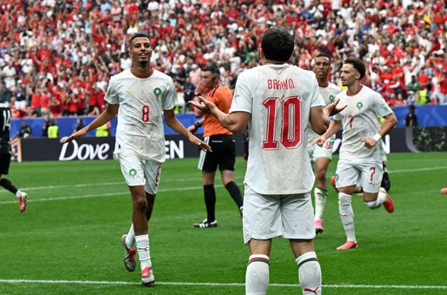 (260705) -- HOUSTON, July 5, 2026 -- Azzedine Ounahi (1st L) of Morocco celebrates after scoring during the round of 16 match between Canada and Morocco at the 2026 FIFA World Cup, WM, Weltmeisterschaft, Fussball at Houston Stadium in Houston, the United States, July 4, 2026. ) (SP)U.S.-HOUSTON-FOOTBALL-FIFA WORLD CUP-ROUND OF 16-CAN VS MAR XiaoxYijiu 