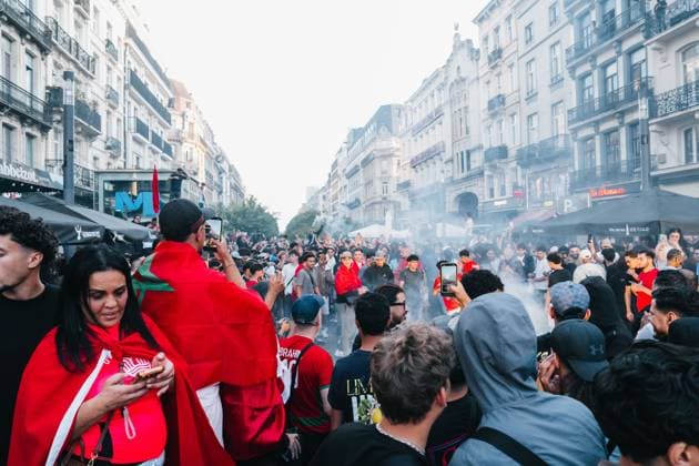 Morrocan supporters pictured in Brussels, as Morocco plays against Canada in the 1 16 finals of the FIFA World Cup, WM, Weltmeisterschaft, Fussball 2026, on Saturday 04 July 2026. MARIUS BURGELMAN MariusxBurgelman  x180379647x