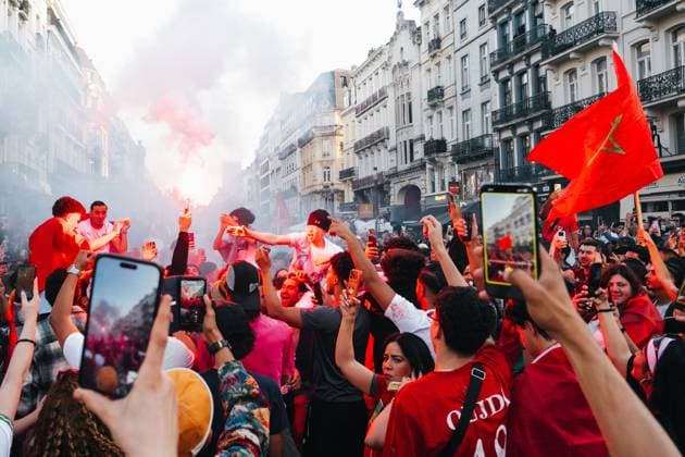 Morrocan supporters pictured in Brussels, as Morocco plays against Canada in the 1 16 finals of the FIFA World Cup, WM, Weltmeisterschaft, Fussball 2026, on Saturday 04 July 2026. MARIUS BURGELMAN MariusxBurgelman  x180379708x