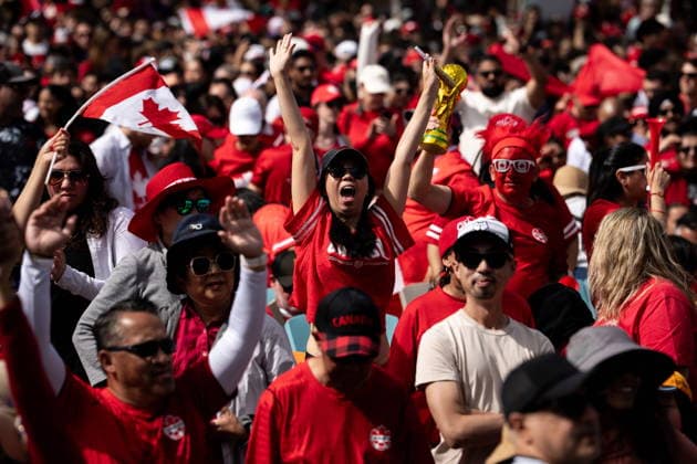 July 4, 2026, Vancouver, Bc, CANADA: Canadian fans cheer as they watch Canada play Morocco during a World Cup round of 16 soccer match, at Jack Poole Plaza, in Vancouver, on Saturday, July 4, 2026. Canada News - July 4, 2026  - ZUMAc35_ 20260704_zaf_c35_074 Copyright: xEthanxCairnsx