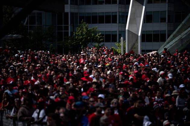 July 4, 2026, Vancouver, Bc, CANADA: Canadian fans watch Canada play Morocco during a World Cup round of 16 soccer match, at Jack Poole Plaza, in Vancouver, on Saturday, July 4, 2026. Canada News - July 4, 2026  - ZUMAc35_ 20260704_zaf_c35_076 Copyright: xEthanxCairnsx