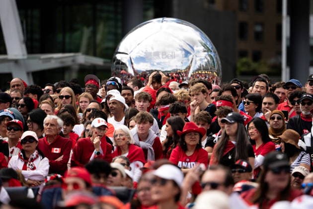 July 4, 2026, Vancouver, Bc, CANADA: Canadian fans react to Morocco scoring against Canada during a World Cup round of 16 soccer match, at Jack Poole Plaza, in Vancouver, on Saturday, July 4, 2026. Canada News - July 4, 2026  - ZUMAc35_ 20260704_zaf_c35_081 Copyright: xEthanxCairnsx